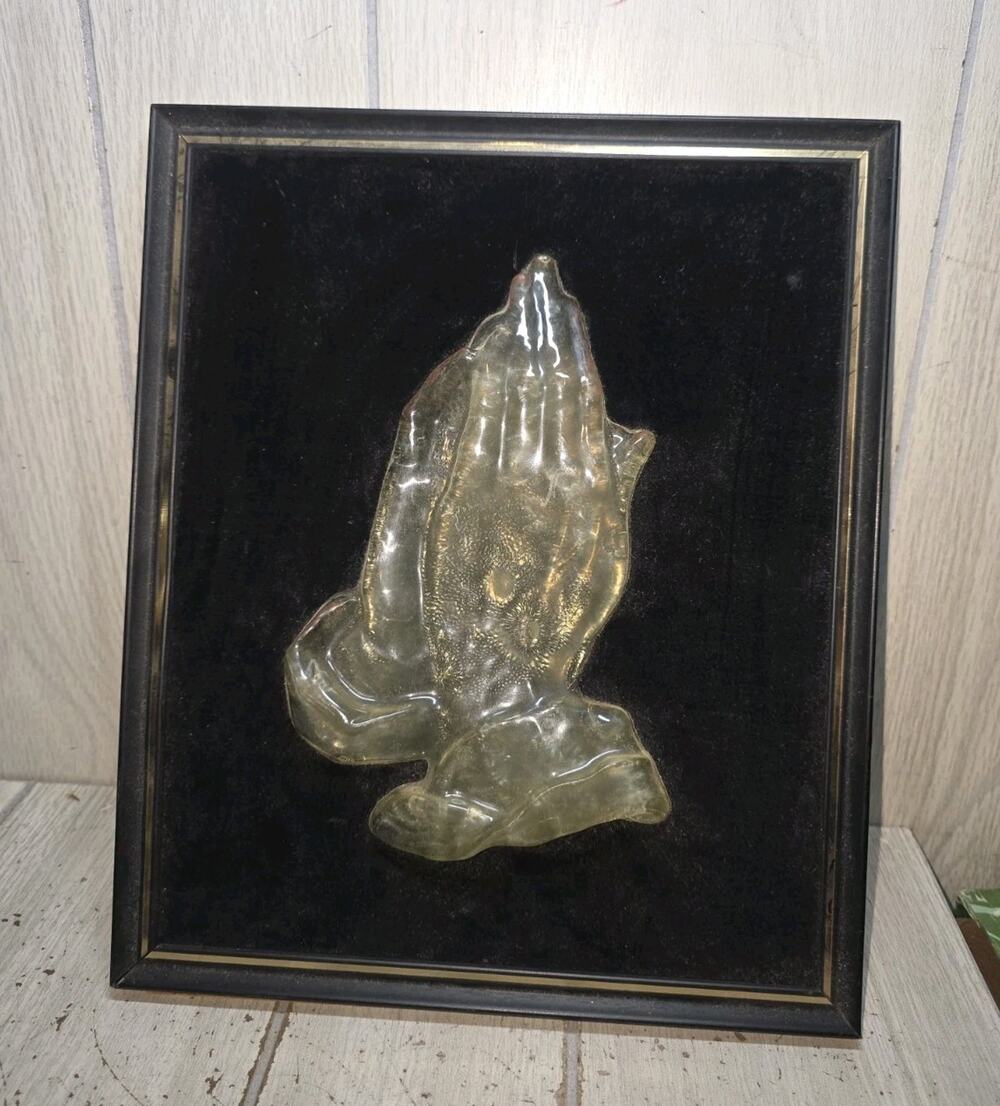 Vintage 3D Praying Hands Metal Frame Black Velvet Wall Art Religious Decor 12x10